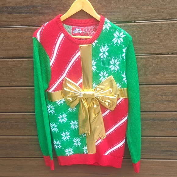 Urban Heritage Red & Green Christmas Sweater with Gold Bow - Size S/M BNWOT - Picture 2 of 7